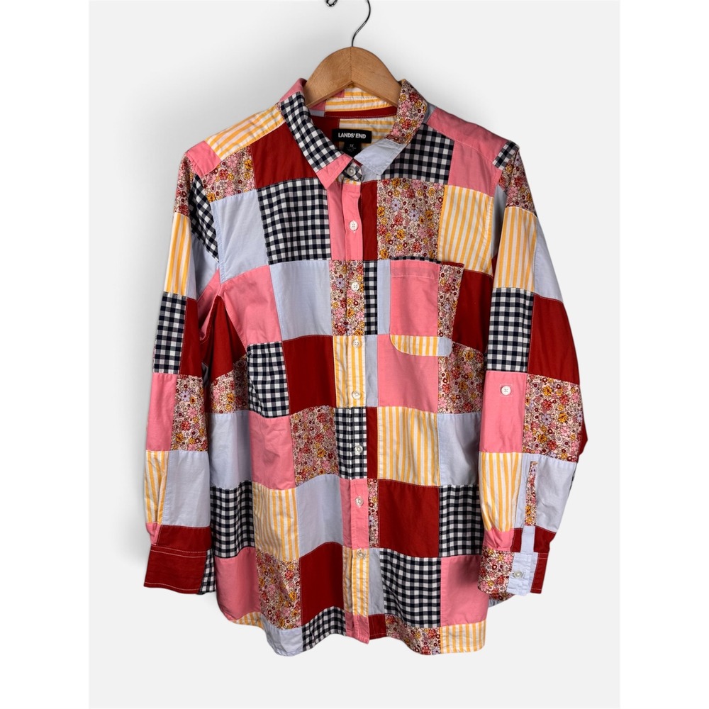 Lands' End Patchwork Button Down Women 1X Multicolor Floral Gingham Cotton Top